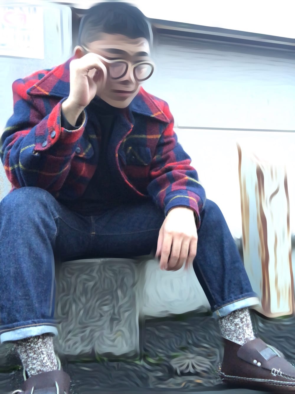 「men、アローモカシン、OLIVER PEOPLES、チェック、デニム、いいね、save、フォローお願いします🤑、フォローミー、相互フォロー」｜「RESOLUTEのアイテム（デニムパンツ、ブルー系）」を使った、でぃーんさん（メンズ・168cm）の夏コーディネートの1枚目の写真