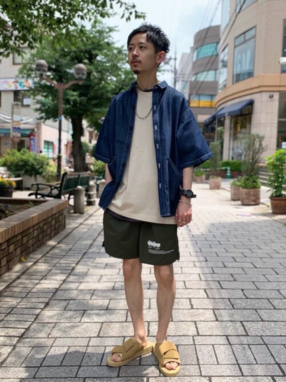 ブルー系のシャツ/ブラウス、ベージュ系のサンダル、ベージュ系のTシャツ/カットソーを着用したメンズの夏コーディネートの1枚目の写真