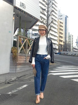 「TODAYFUL（トゥデイフル）のアイテム（ライダースジャケット）」を使った、TOMOMI KANATAさん（レディース・162cm）の冬コーディネート
