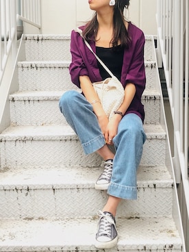 「アイテム（テーラードジャケット、パープル系）」を使った、TOMOMI KANATAさん（レディース・162cm）の春コーディネート