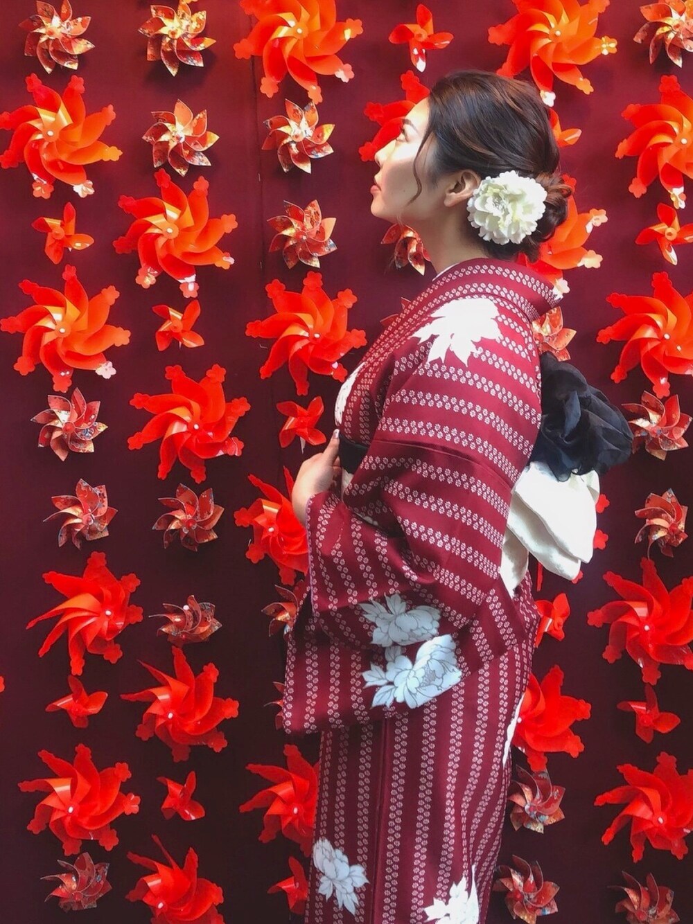 「着物、着物コーデ、kimono、浴衣、浴衣コーデ、Yukata」｜「kimonoのアイテム（水着/着物・浴衣、レッド系）」を使った、HARUKAさん（レディース・169cm）の春コーディネートの1枚目の写真