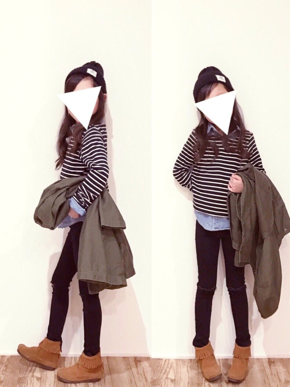 「カジュアル、キッズファッション、デニムシャツ、シンプルコーデ、ユニクロ、ボーダー、kids」｜「AZUL by moussyのプリント中綿ライナー付きミリタリーコート（その他アウター、グリーン系）」を使った、 cyamu∗︎*ﾟさん（キッズ・110cm）の春コーディネートの1枚目の写真