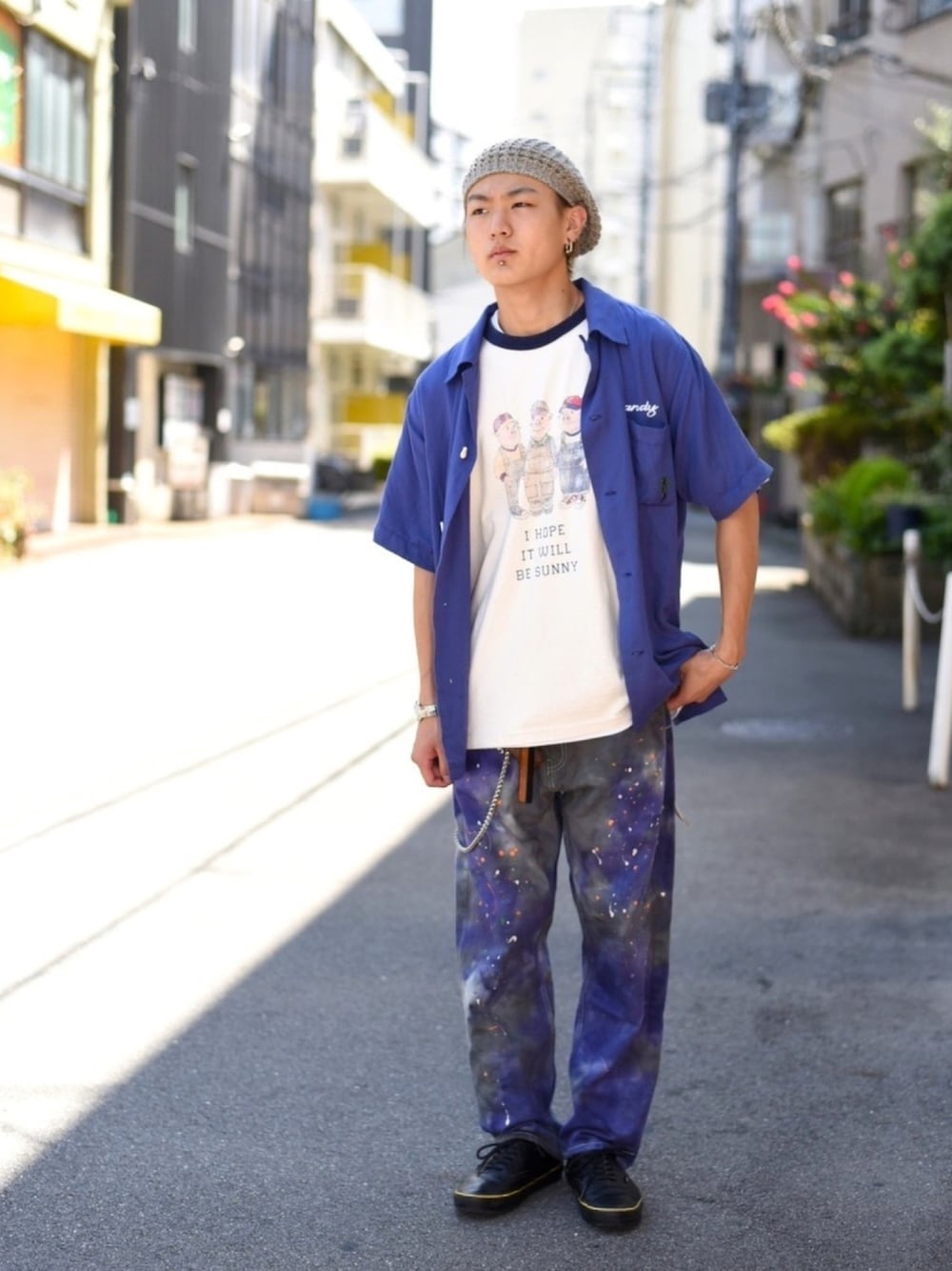 「GO!DON、低身長、ネオンカラー、ストリート、ベレー帽、柄パンツ、VANS、ボーリングシャツ、タイダイ柄、私の推しブランド」｜「JAVARAのアイテム（デニムパンツ、その他）」を使った、417さん（メンズ・168cm）の夏コーディネートの1枚目の写真