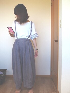 「Samansa Mos2（サマンサ モスモス）の【30th】サスペンダー付パンツ（その他パンツ、グレー系）」を使った、ももちさん（レディース・156cm）の秋コーディネート