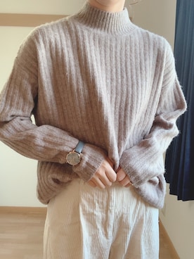 「coen（コーエン）のミックスワイドニットプルオーバー（ニット/セーター、ブラウン系）」を使った、ももちさん（レディース・156cm）の秋コーディネート