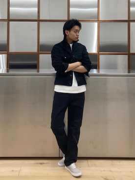 「ロンt」｜「アイテム（デニムジャケット）」を使った、Linさん（メンズ・177cm）の秋コーディネート