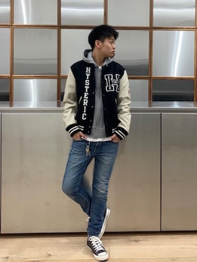 「スキニー」｜「アイテム（スタジャン）」を使った、Linさん（メンズ・177cm）の冬コーディネート