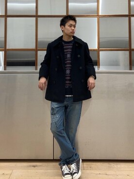 「HYSTERIC GLAMOUR（ヒステリックグラマー）のアイテム（ピーコート）」を使った、Linさん（メンズ・177cm）の冬コーディネート
