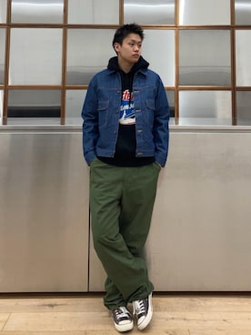 「ワイドパンツ 」｜「アイテム（デニムジャケット）」を使った、Linさん（メンズ・177cm）の冬コーディネート