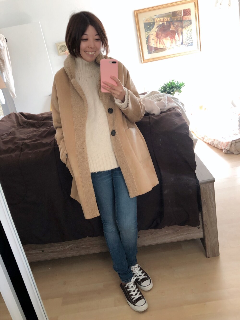 「プチプラ、ニット、大人カジュアル、スニーカー、ゆるコーデ、低身長、冬、コンバース、denim、ZARA」｜「ZARA KIDSのアイテム（ジャケット/アウター、ベージュ系）」を使った、Gummy Gabさん（レディース・155cm）の秋コーディネートの1枚目の写真
