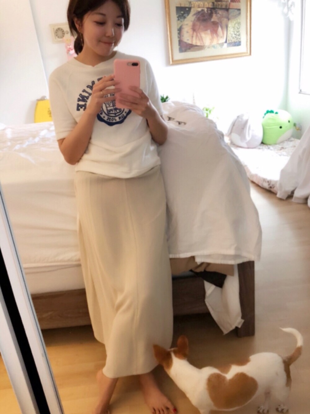 「春、オトナカジュアル、シンプルコーデ、ラクチンコーデ、古着、低身長、ホワイト、vintage、VINTAGE、リラックススタイル」｜「VINTAGEのアイテム（スカート、グリーン系）」を使った、Gummy Gabさん（レディース・155cm）の春コーディネートの1枚目の写真
