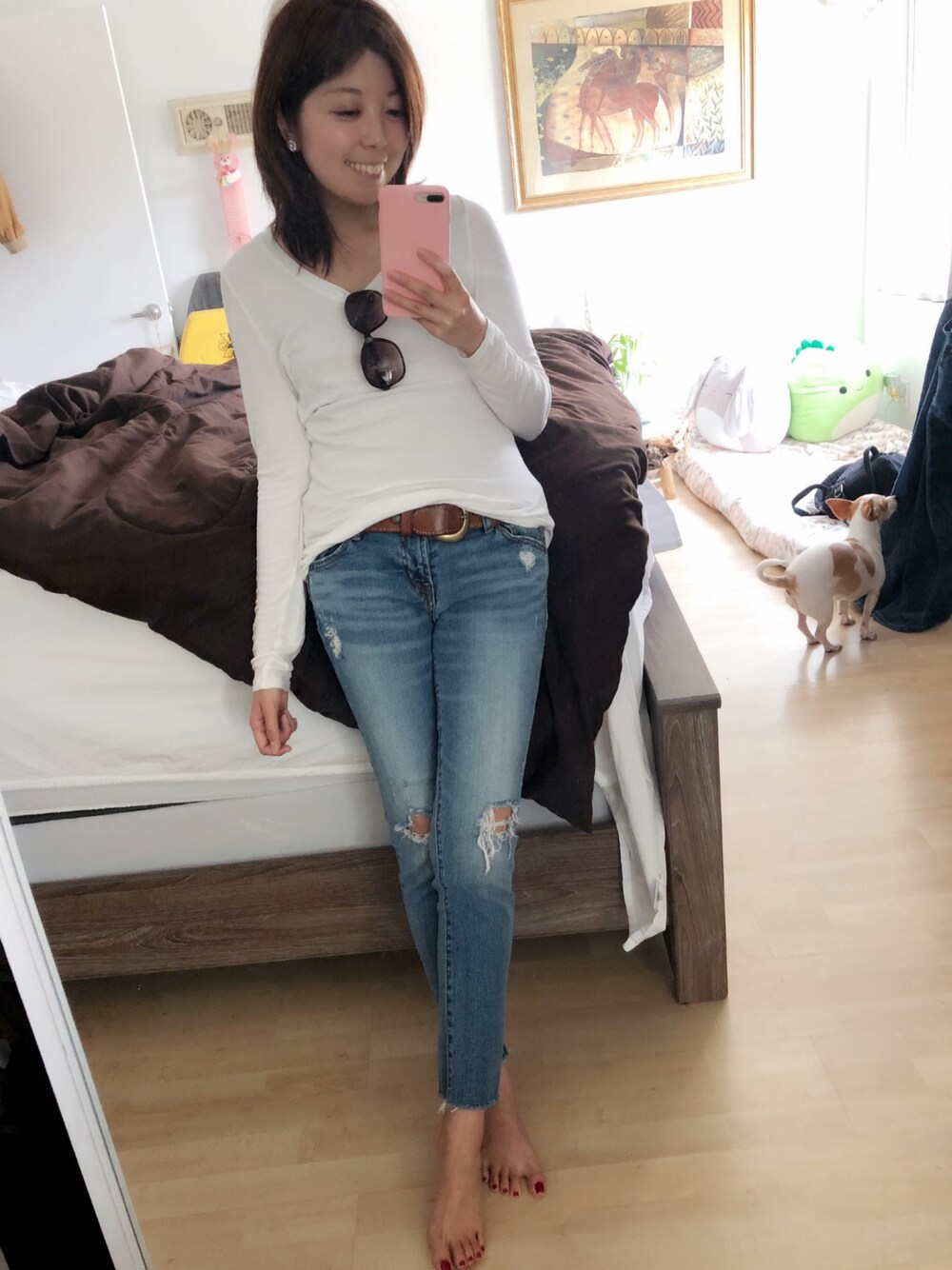「カジュアルコーデ、シンプル、リラックススタイル、ロングTシャツ、ラフ、シンプルコーデ、denim、vintage、VINTAGE、低身長」｜「AZUL by moussyのアイテム（デニムパンツ、ブルー系）」を使った、Gummy Gabさん（レディース・155cm）の春コーディネートの1枚目の写真