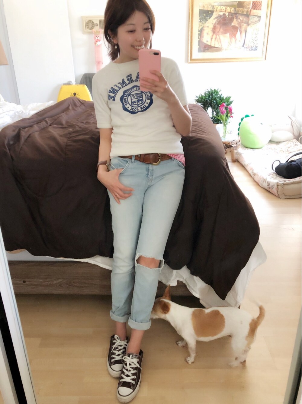 「春コーデ、シンプルコーデ、パンツスタイル、デニム、低身長、大人カジュアル、ZARA、converse、vintage、VINTAGE」｜「ZARAのアイテム（デニムパンツ、ブルー系）」を使った、Gummy Gabさん（レディース・155cm）の春コーディネートの1枚目の写真