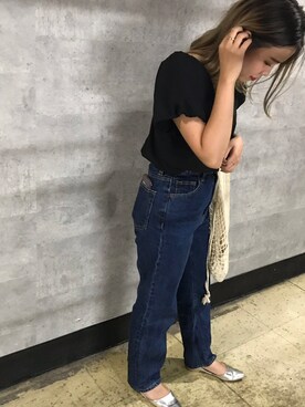 「GU（ジーユー）のアイテム（Denim pants、ブラック系）」を使った、hinataさん（レディース・155cm）の秋コーディネート