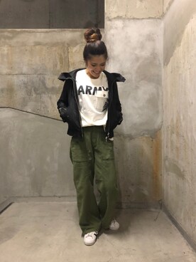 「ストレートパンツ」｜「アイテム（ライダースジャケット）」を使った、nagipiiさん（レディース・163cm）の夏コーディネート