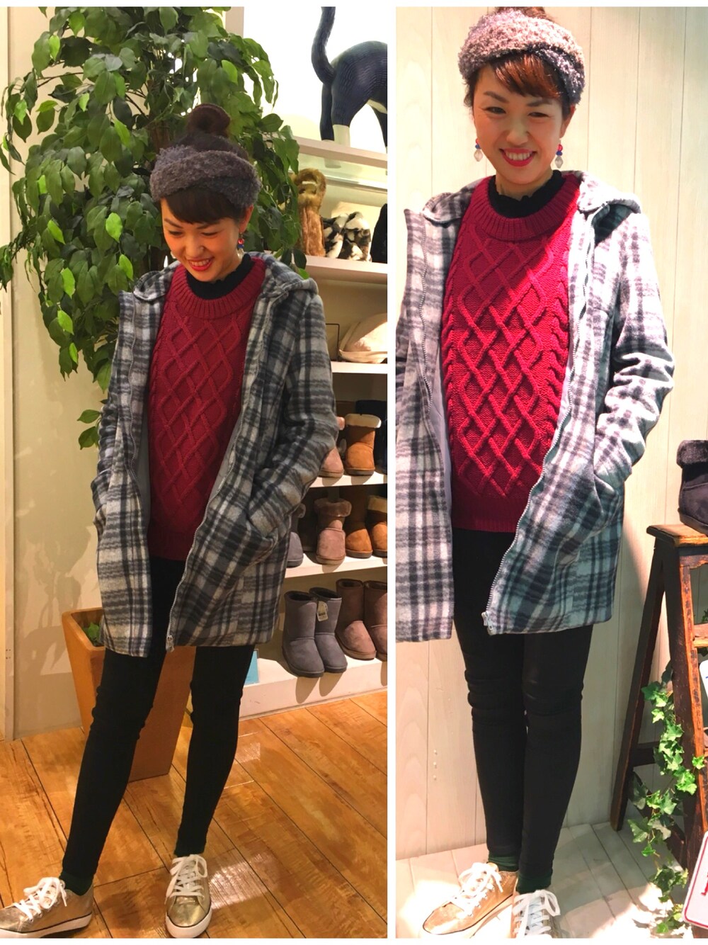 レッド系のニット/セーター、ブラック系のその他パンツ、ゴールド系のスニーカーを着用したレディースの冬コーディネートの1枚目の写真