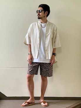 「JOURNAL STANDARD relume（ジャーナルスタンダード　レリューム）の【CARREMAN / キャリーマン】FAT スタンドカラー リネンシャツ（シャツ/ブラウス、ホワイト系）」を使った、でーひーさん（メンズ・173cm）の夏コーディネート