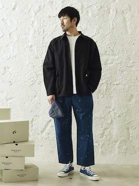 「UNIVERSAL OVERALL（ユニバーサルオーバーオール）の◆【Uni Ease by UNIVERSAL OVERALL】別注マイクロリップ シャツブルゾン（シャツ/ブラウス、ブラック系）」を使った、でーひーさん（メンズ・173cm）の春コーディネート