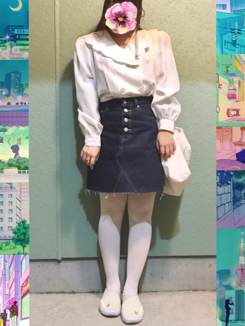「デニム、デニムスカート、肩パッド、白ブラウス、トートバッグ、白タイツ、切りっぱなしデニム」｜「VINTAGEのアイテム（シャツ/ブラウス、ホワイト系）」を使った、めりりんさん（レディース・150cm）の春コーディネートの1枚目の写真