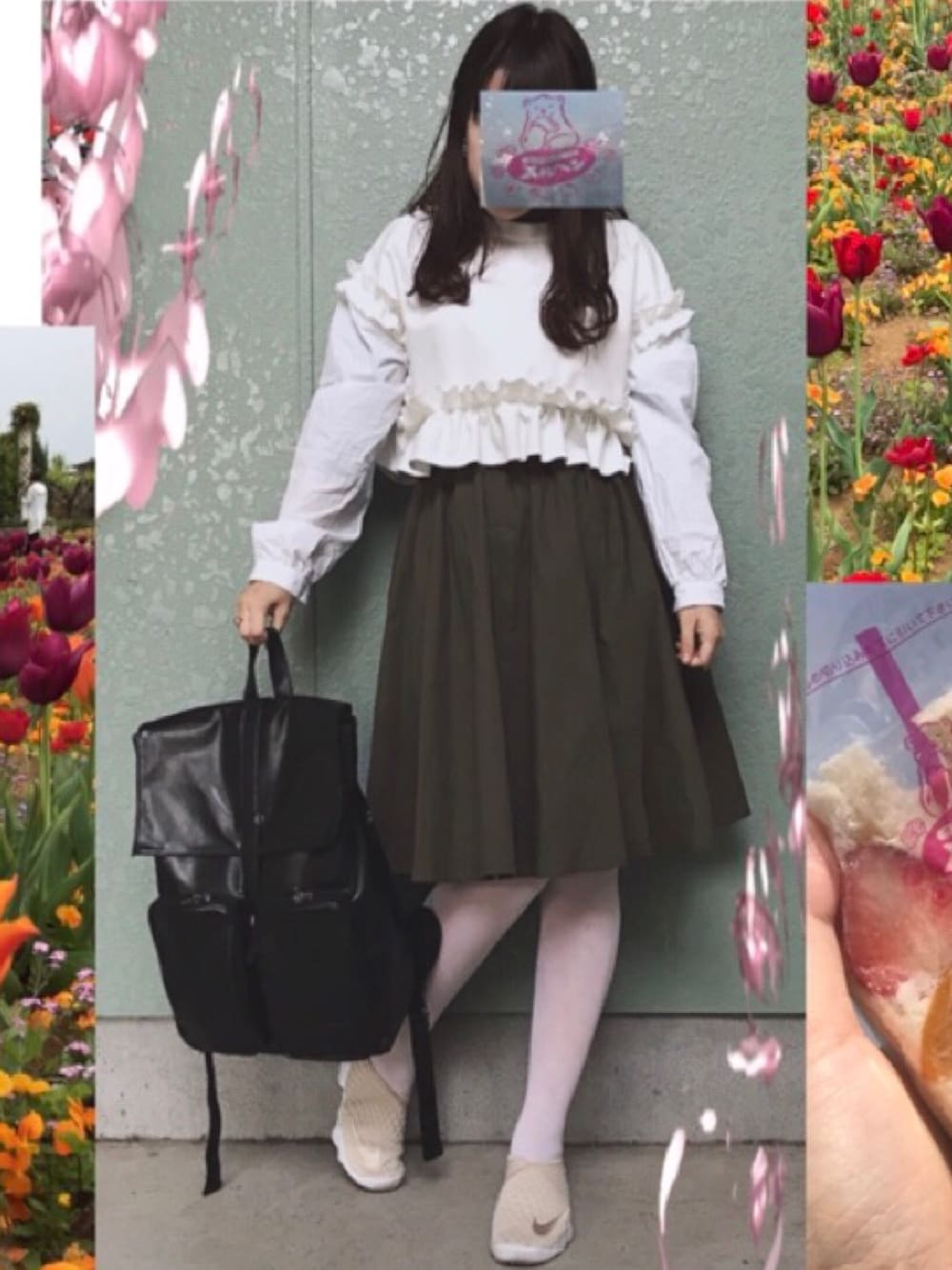 「スニーカー、ボリューム袖、フレアスカート、フリルトップス、ホワイト×カーキ」｜「ZARAのアイテム（トップス、ホワイト系）」を使った、めりりんさん（レディース・150cm）の春コーディネートの1枚目の写真