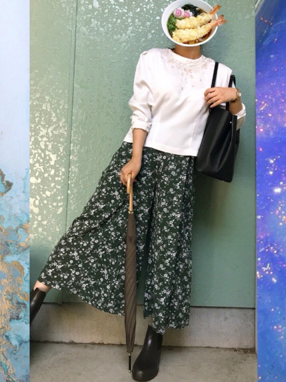 「雨の日コーデ、花柄、シフォン、ガウチョパンツ、プチプラ、古着MIX、傘、パラッツォパンツ」｜「VINTAGEのアイテム（Tシャツ/カットソー、ホワイト系）」を使った、めりりんさん（レディース・150cm）の春コーディネートの1枚目の写真