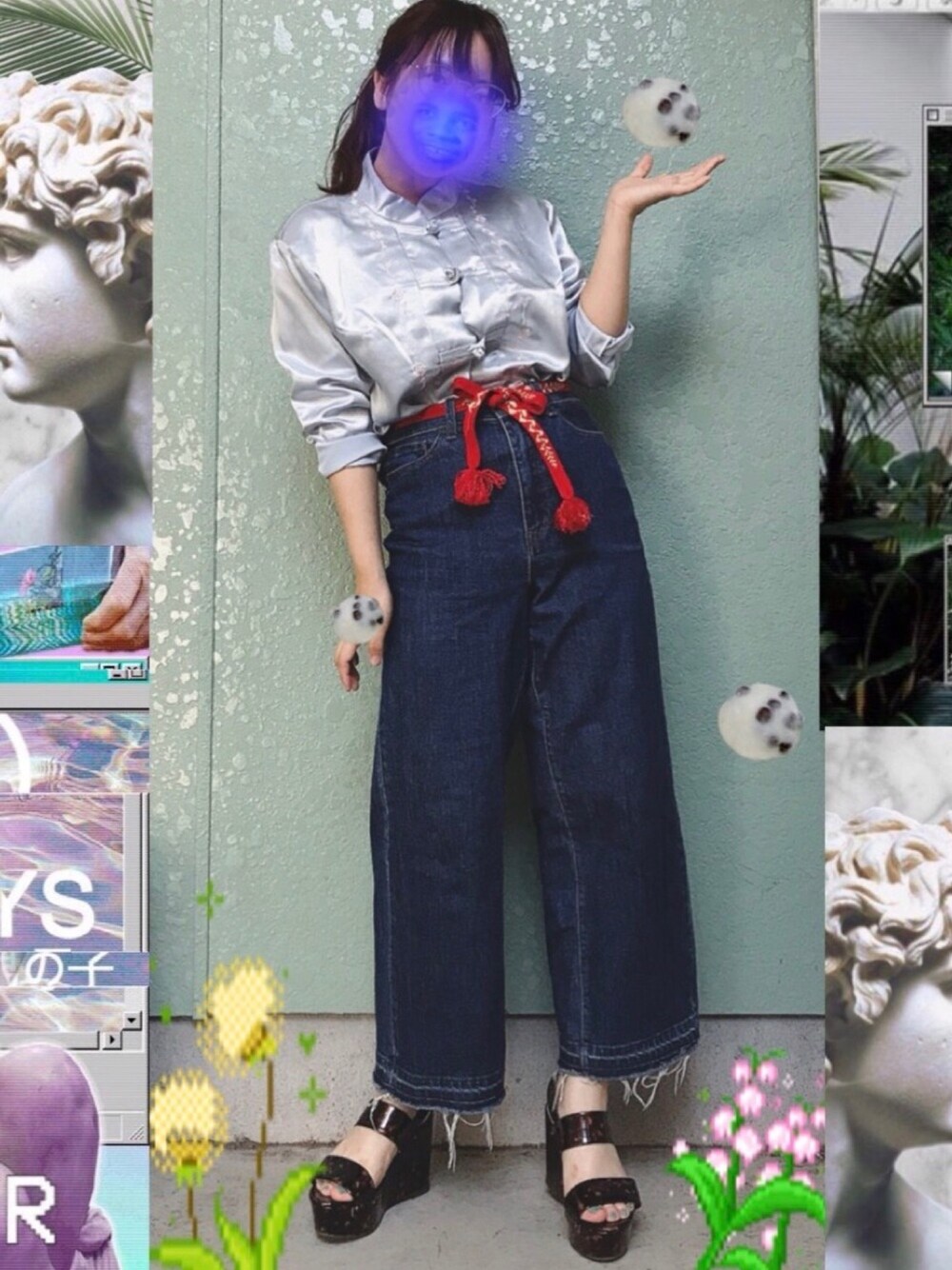 「チャイナシャツ、帯紐、ワイドデニム、デニムパンツ、まっさらブルージーンズ、厚底サンダル、べっこう、ポニーテール」｜「ガイジンのアイテム（シャツ/ブラウス、ブルー系）」を使った、めりりんさん（レディース・150cm）の春コーディネートの1枚目の写真