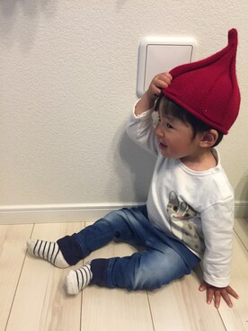 「ネコ」｜「アイテム（ニットキャップ/ビーニー）」を使った、Ren☆さん（キッズ・70cm）の春コーディネート
