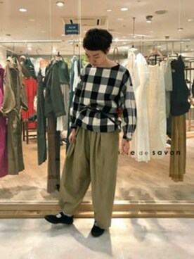 ウェザーブロックチェック バルーンスリーブブラウスを使った人気