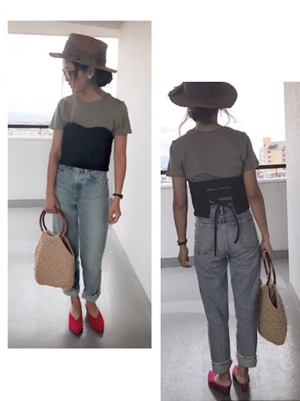 「ピンク、GU、TODAYFUL、デニム、moussy、休日スタイル、カジュアル、ビスチェ、プチプラ」｜「MOUSSYのMV JW Tapered（デニムパンツ、ブルー系）」を使った、NONchanさん（レディース・153cm）の夏コーディネートの1枚目の写真