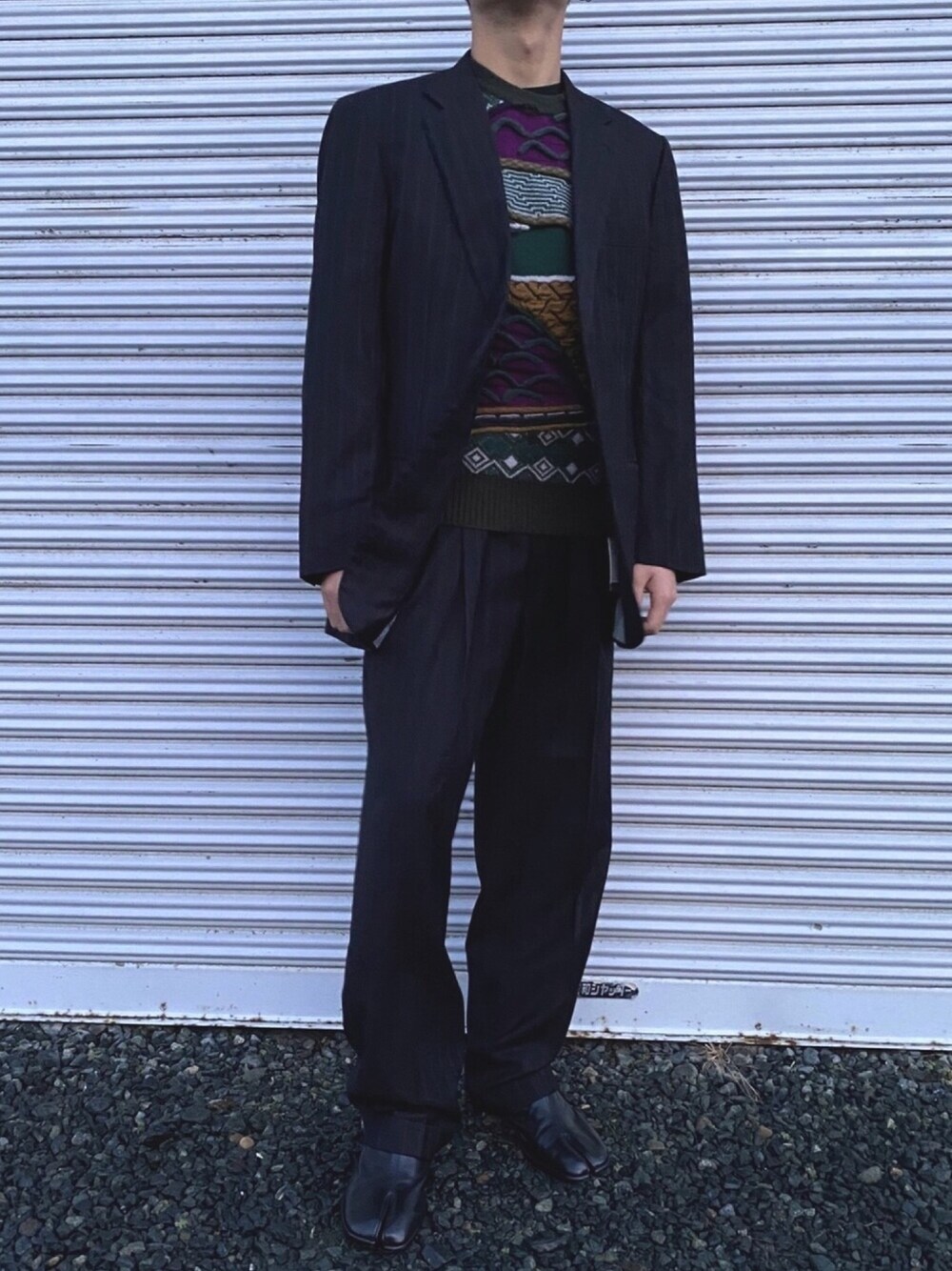 「シンプル、きれいめカジュアル、お洒落さんとつながりたい、いいね、save、フォローお願いします🤑、ootd、キレイめ、セットアップ、古着、古着好きな人と繋がりたい、ブラック」｜「古着のアイテム（その他パンツ、ブラック系）」を使った、ミズキさん（メンズ・175cm）の冬コーディネートの1枚目の写真