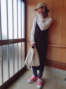 「ワッフルクルーネックＴ」｜「アイテム（ワンピース/ドレス）」を使った、HÄRÜさん（レディース・164cm）の秋コーディネート