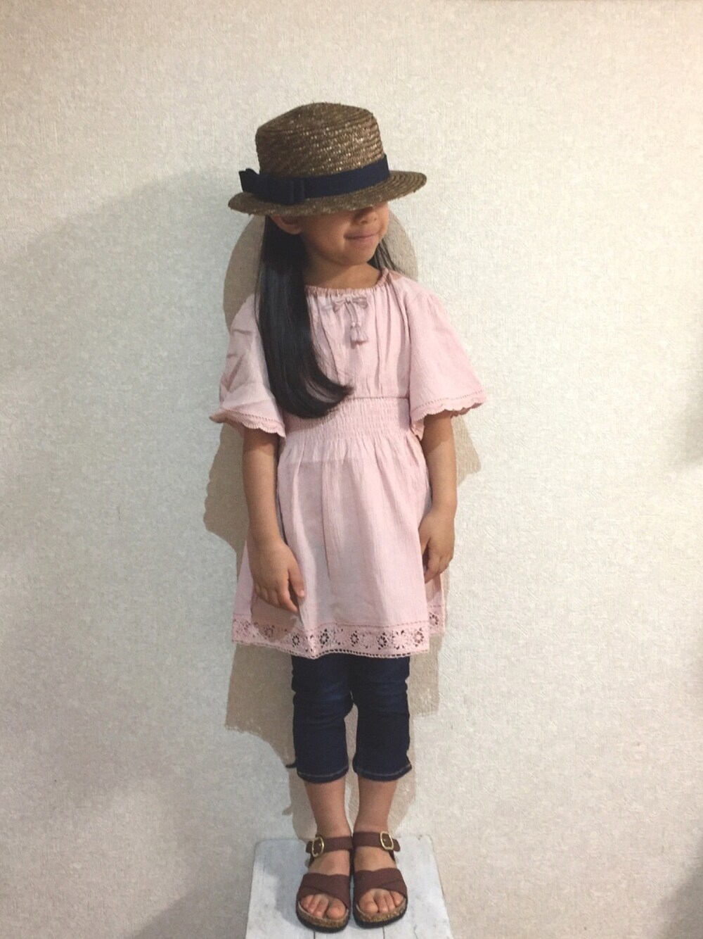 「春夏コーデ、6歳、小学校」｜「b・ROOMのカノティエハット（ハット、ブラウン系）」を使った、n＊さん（キッズ・110cm）の春コーディネートの1枚目の写真