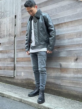 「ボア」｜「アイテム（ライダースジャケット）」を使った、G-Star RAWさん（メンズ・175cm）の秋コーディネート