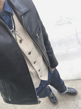 KAZUKI YAMADAさんの「Schott/ショット/6103US　TRUCKER JACKET　Horween Leather/トラッカー ジャケット　ホーウィン　レザー」を使ったコーディネート