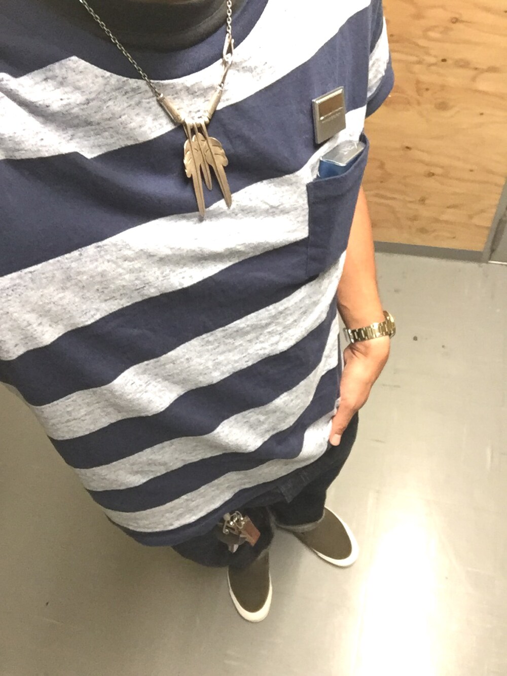 「SCHOTT、アメカジ、used、古着、VANS」｜「LARRY SMITHのアイテム（ネックレス、その他）」を使った、KAZUKI YAMADAさん（メンズ・178cm）の夏コーディネートの1枚目の写真