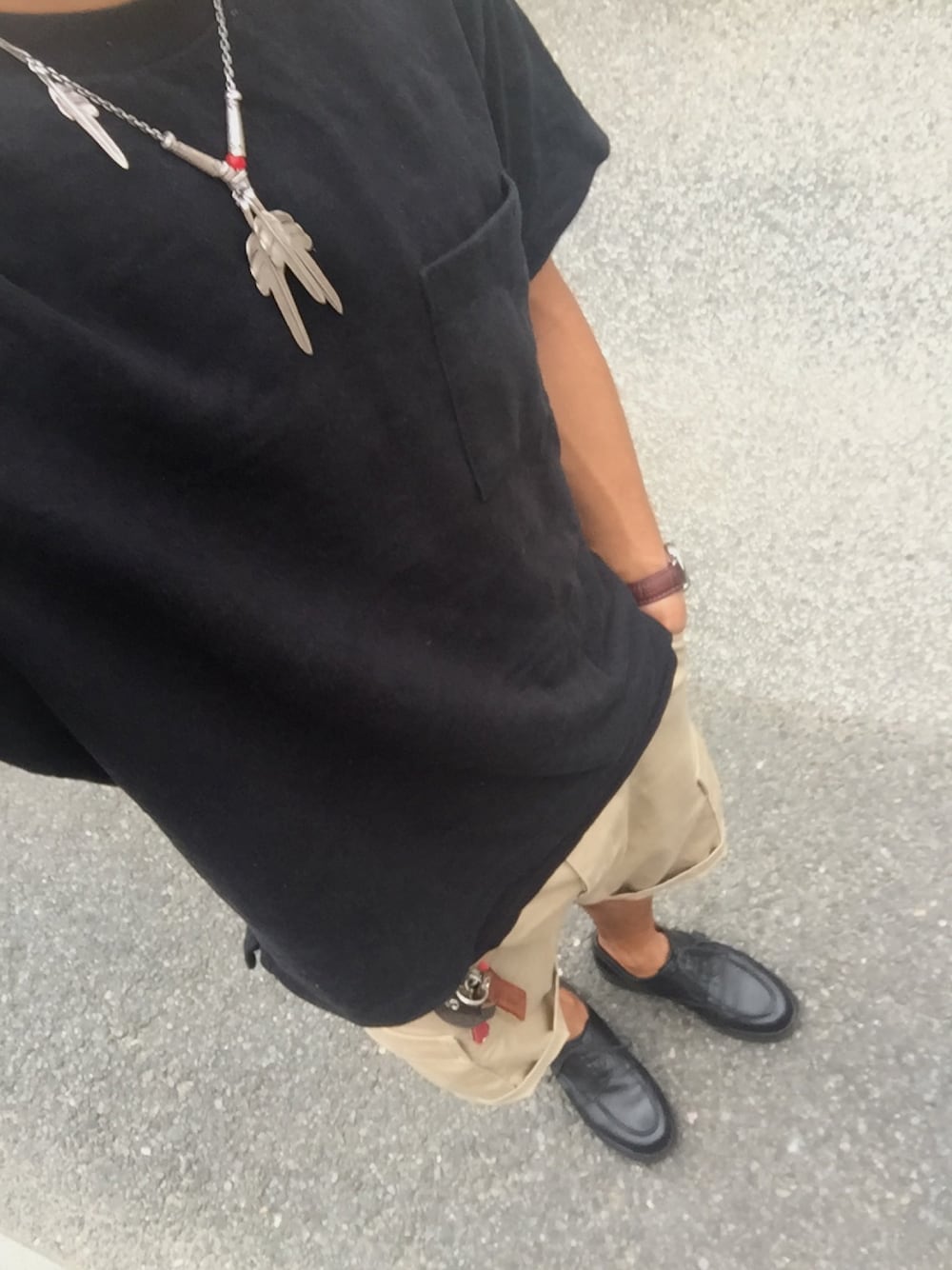 「SCHOTT、アメカジ、古着、used、Paraboot、chambord、パラブーツ、シャンボード」｜「LARRY SMITHのアイテム（ネックレス、その他）」を使った、KAZUKI YAMADAさん（メンズ・178cm）の夏コーディネートの1枚目の写真