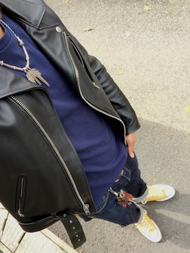 「チャックテイラー」｜「アイテム（ライダースジャケット）」を使った、KAZUKI YAMADAさん（メンズ・178cm）の秋コーディネート
