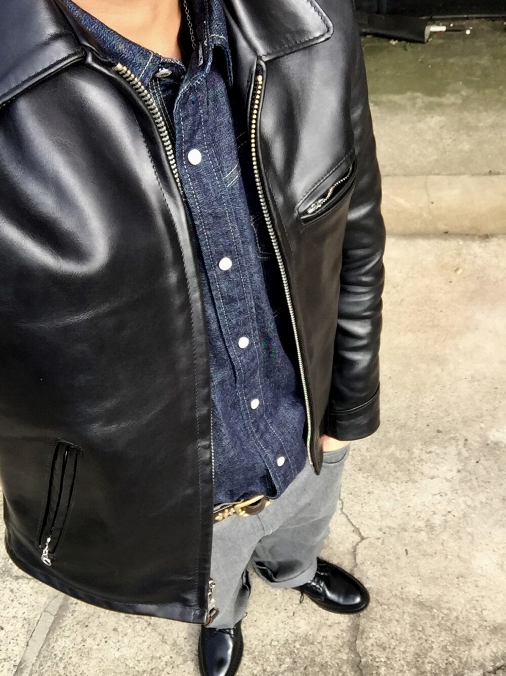 「SCHOTT、アメカジ、used、古着、革ジャン、クラシックコーデ、クラシック、ワークスタイル、秋コーデ、冬コーデ」｜「THE H.W. DOG & CO. のアイテム（ハット、グリーン系）」を使った、KAZUKI YAMADAさん（メンズ・178cm）の秋コーディネートの1枚目の写真