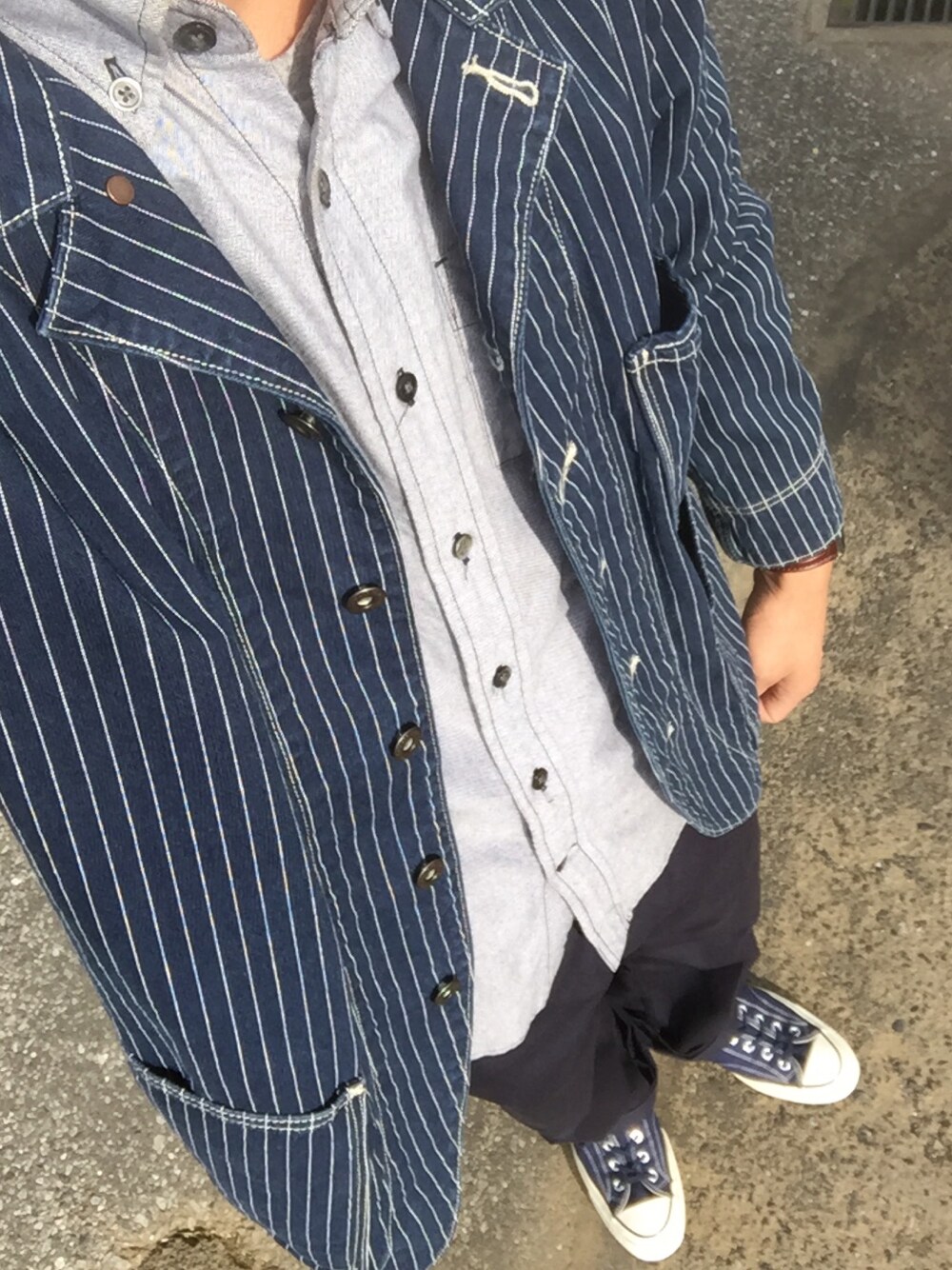 「SCHOTT、アメカジ、used、古着、カバーオール、コンバース、CT70s、ワークスタイル、秋のコーデ」｜「LARRY SMITHのアイテム（ネックレス、その他）」を使った、KAZUKI YAMADAさん（メンズ・178cm）の秋コーディネートの1枚目の写真