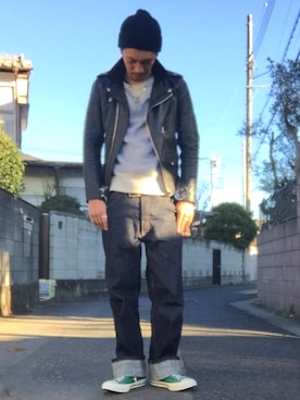 「チャックテイラー」｜「アイテム（ライダースジャケット）」を使った、KAZUKI YAMADAさん（メンズ・178cm）の冬コーディネート