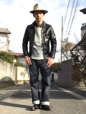 KAZUKI YAMADAさんの「Schott/ショット/6103US　TRUCKER JACKET　Horween Leather/トラッカー ジャケット　ホーウィン　レザー」を使ったコーディネート