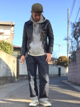 「チャックテイラー」｜「アイテム（ライダースジャケット）」を使った、KAZUKI YAMADAさん（メンズ・178cm）の冬コーディネート