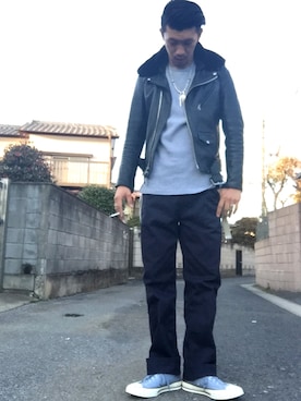 「チャックテイラー」｜「アイテム（ライダースジャケット）」を使った、KAZUKI YAMADAさん（メンズ・178cm）の春コーディネート