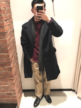 「SCHOTT」｜「アイテム（チェスターコート）」を使った、KAZUKI YAMADAさん（メンズ・178cm）の冬コーディネート