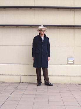 「SCHOTT」｜「アイテム（チェスターコート）」を使った、KAZUKI YAMADAさん（メンズ・178cm）の冬コーディネート