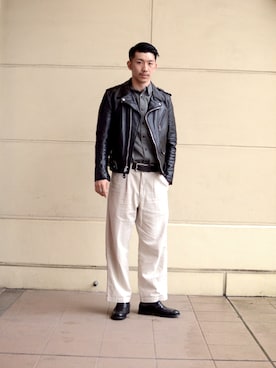 「スタッフセンバツ」｜「アイテム（ライダースジャケット）」を使った、KAZUKI YAMADAさん（メンズ・178cm）の春コーディネート