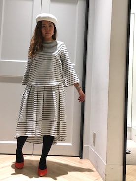 「ボーダースカート」｜「アイテム（ハンチング/ベレー帽）」を使った、しののんさん（レディース・156cm）の冬コーディネート