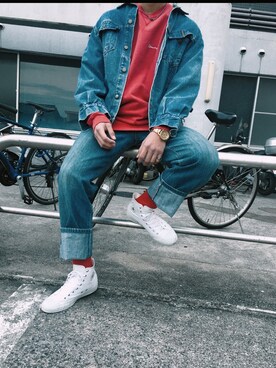 「CONVERSE（コンバース）のアイテム（スニーカー、ホワイト系）」を使った、kairiさん（メンズ・175cm）の冬コーディネート