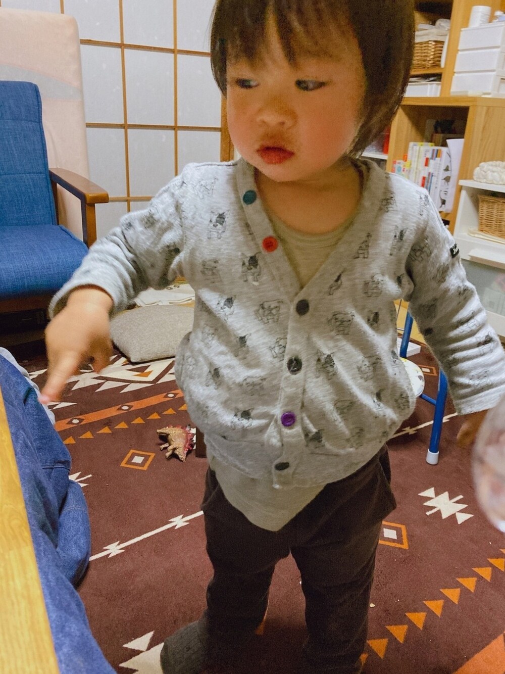 「カーディガン、犬柄、男の子、2歳」｜「JUNK STOREのアイテム（カーディガン/ボレロ、グレー系）」を使った、ぺこ米さん（キッズ・80cm）の冬コーディネートの1枚目の写真