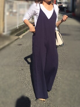 「ネイビー×ホワイト」｜「アイテム（サロペット/オーバーオール）」を使った、kaorinnさん（レディース・158cm）の秋コーディネート